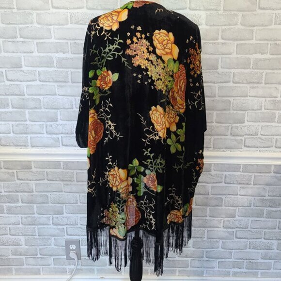 Daniel Rainn Black Velvet Burnout Boho Open Front Cardigan Kimono Fringe Large - Picture 4 of 8